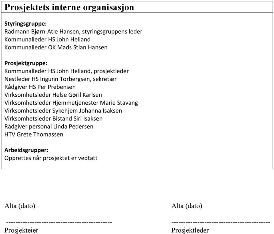 Virksomhetsleder Hjemmetjenester Marie Stavang Virksomhetsleder Sykehjem Johanna Isaksen Virksomhetsleder Bistand Siri Isaksen Rådgiver personal Linda Pedersen HTV Grete