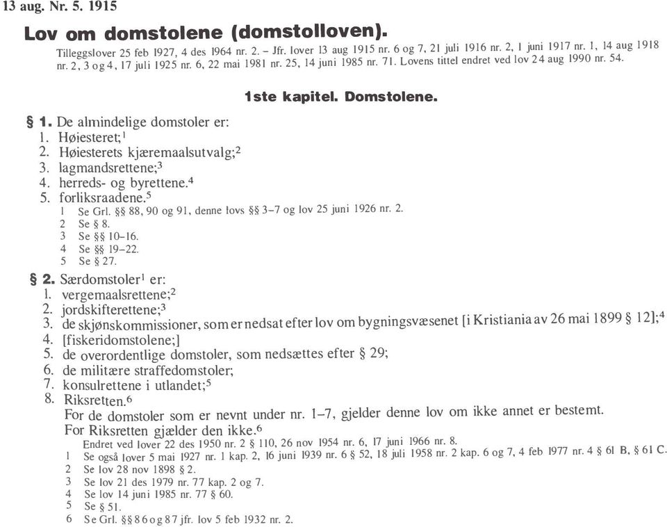 Høiesterets kjæremaalsutvalg;2 3. lagmandsrettene;3 4. herreds- og byrettene.4 5. forliksraadene.s 1 ste kapitel. Domstolene. I Se Grl. 88, 90 og 91, denne lovs 3-7 og lov 25 juni 1926 ni. 2. 2 Se 8.