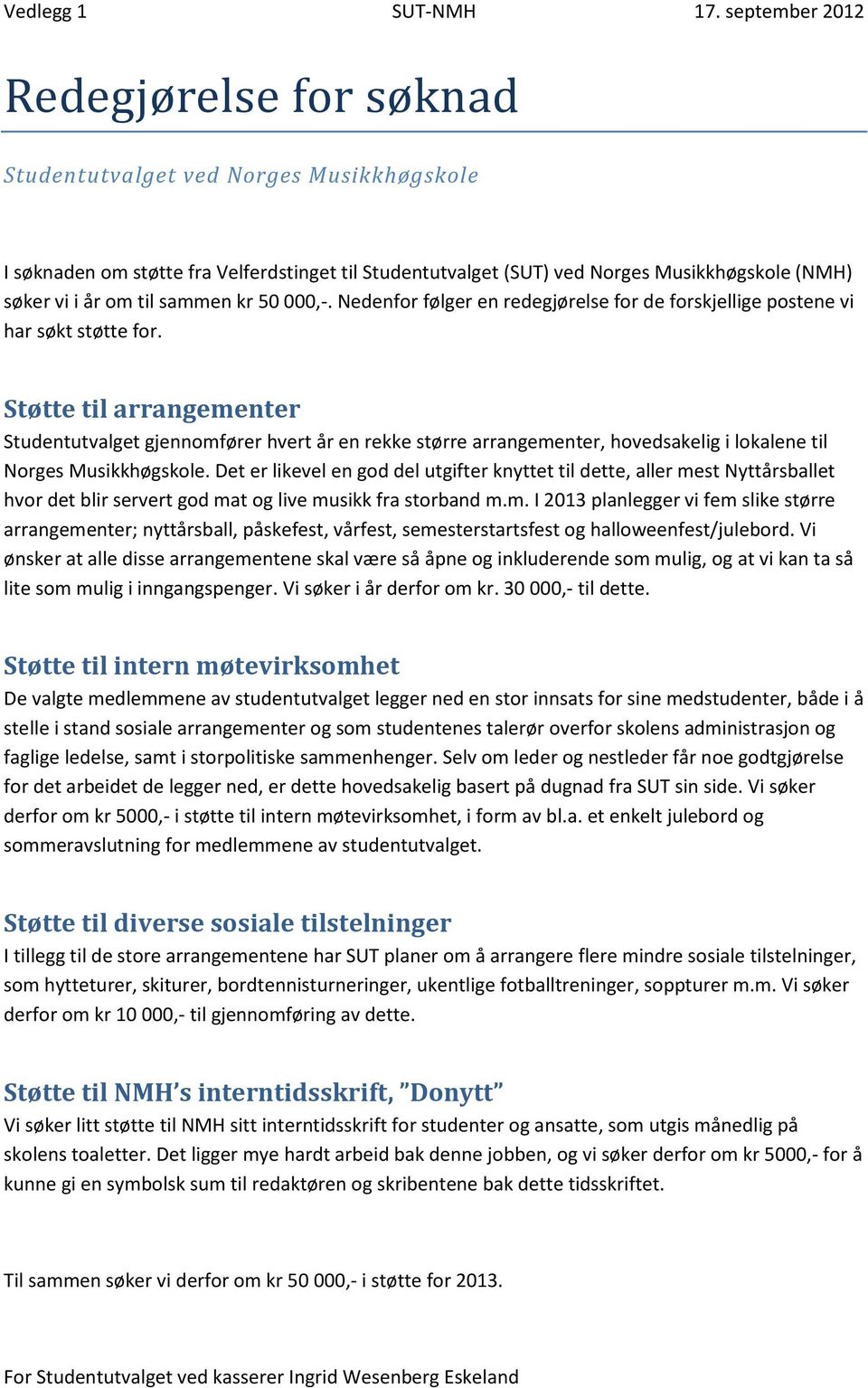 Støtte til arrangementer Studentutvalget gjennomfører hvert år en rekke større arrangementer, hovedsakelig i lokalene til Norges Musikkhøgskole.