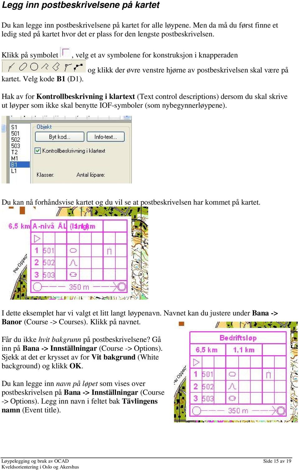 og klikk der øvre venstre hjørne av postbeskrivelsen skal være på Hak av for Kontrollbeskrivning i klartext (Text control descriptions) dersom du skal skrive ut løyper som ikke skal benytte