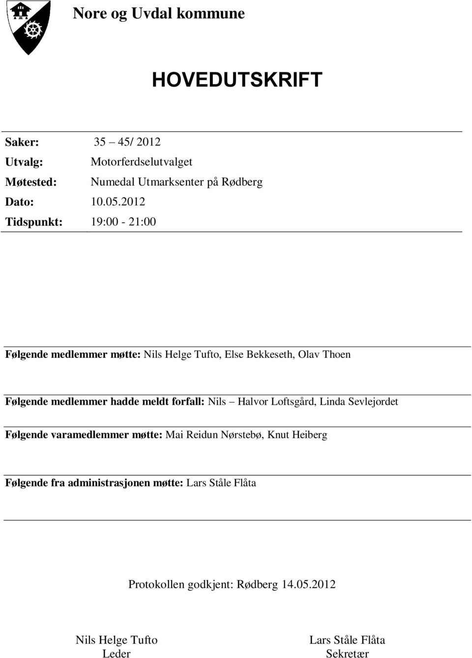 2012 Tidspunkt: 19:00-21:00 Følgende medlemmer møtte: Nils Helge Tufto, Else Bekkeseth, Olav Thoen Følgende medlemmer hadde meldt