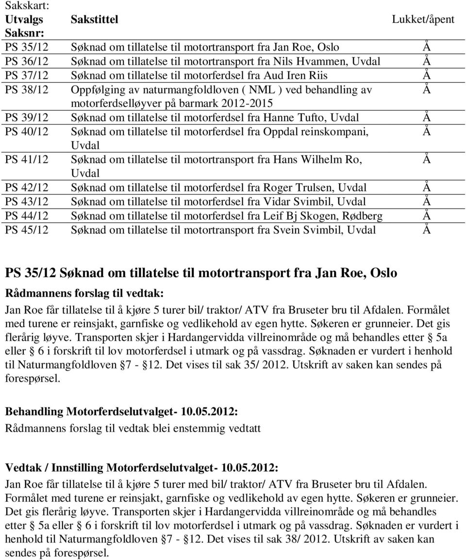 tillatelse til motorferdsel fra Hanne Tufto, Uvdal Å PS 40/12 Søknad om tillatelse til motorferdsel fra Oppdal reinskompani, Å Uvdal PS 41/12 Søknad om tillatelse til motortransport fra Hans Wilhelm