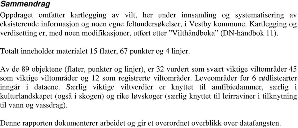 Av de 89 objektene (flater, punkter og linjer), er 32 vurdert som svært viktige viltområder 45 som viktige viltområder og 12 som registrerte viltområder.