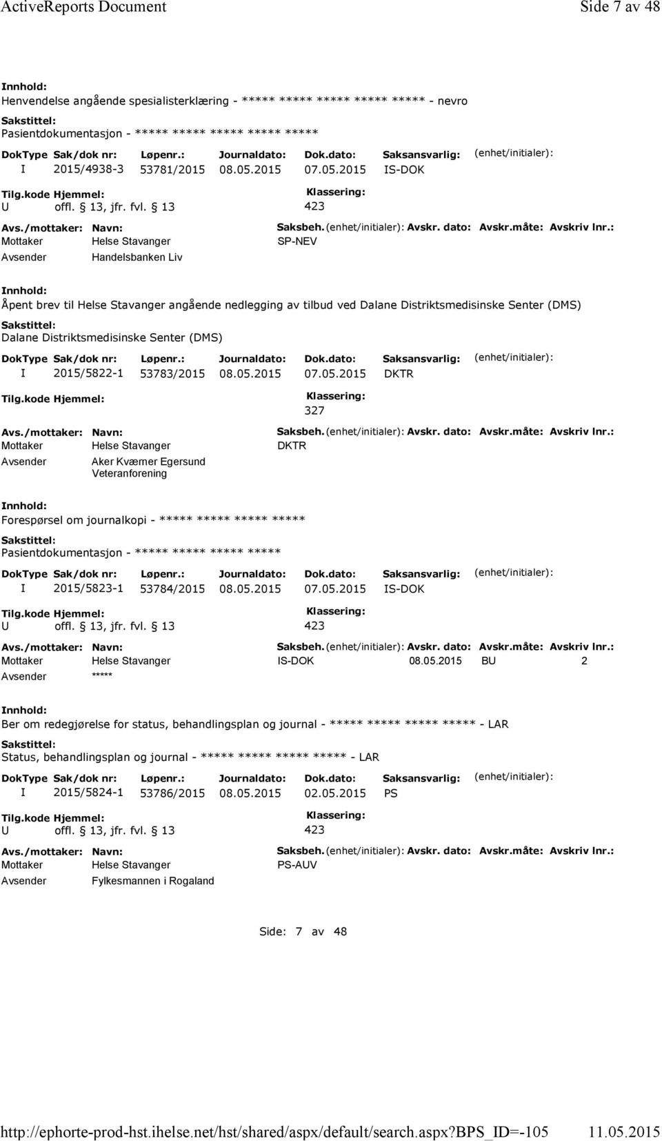 : SP-NEV Åpent brev til Helse Stavanger angående nedlegging av tilbud ved Dalane Distriktsmedisinske Senter (DMS) Dalane Distriktsmedisinske Senter (DMS) 2015/5822-1 53783/2015 07.05.2015 DKTR Tilg.