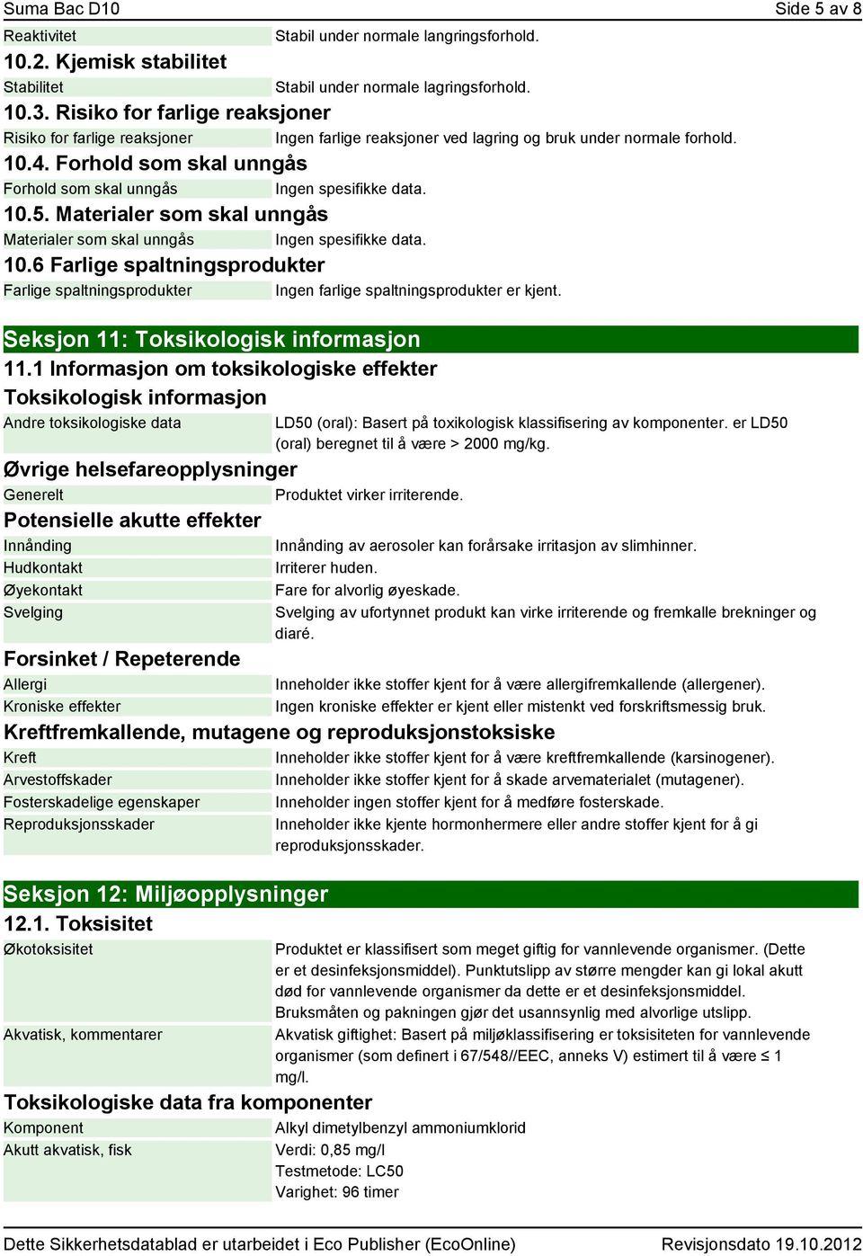 Forhold som skal unngås Forhold som skal unngås Ingen spesifikke data. 10.5. Materialer som skal unngås Materialer som skal unngås Ingen spesifikke data. 10.6 Farlige spaltningsprodukter Farlige spaltningsprodukter Ingen farlige spaltningsprodukter er kjent.