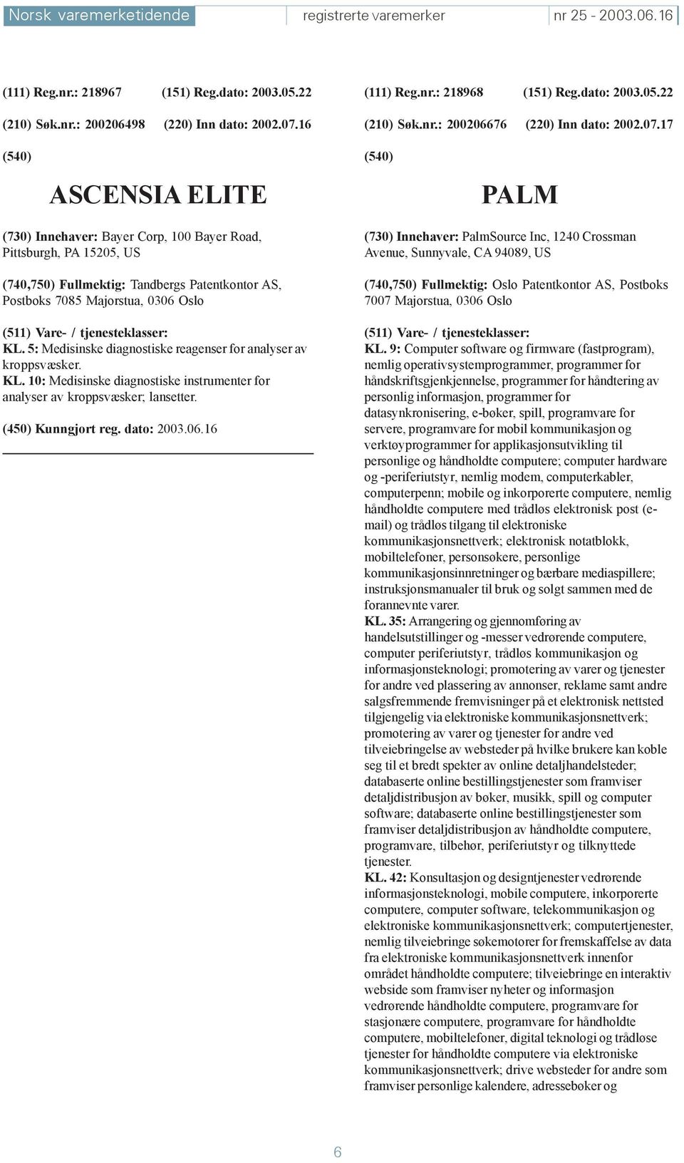 17 ASCENSIA ELITE PALM (730) Innehaver: Bayer Corp, 100 Bayer Road, Pittsburgh, PA 15205, US (740,750) Fullmektig: Tandbergs Patentkontor AS, Postboks 7085 Majorstua, 0306 Oslo KL.