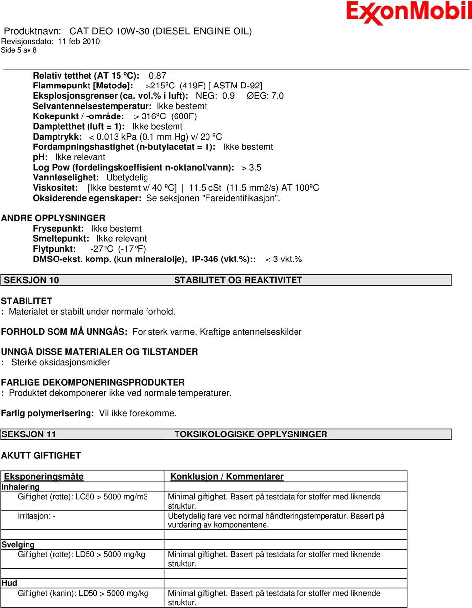 1 mm Hg) v/ 20 ºC Fordampningshastighet (n-butylacetat = 1): Ikke bestemt ph: Ikke relevant Log Pow (fordelingskoeffisient n-oktanol/vann): > 3.