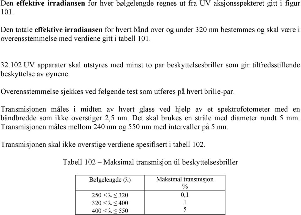 Overensstemmelse sjekkes ved følgende test som utføres på hvert brille-par. Transmisjonen måles i midten av hvert glass ved hjelp av et spektrofotometer med en båndbredde som ikke overstiger 2,5 nm.