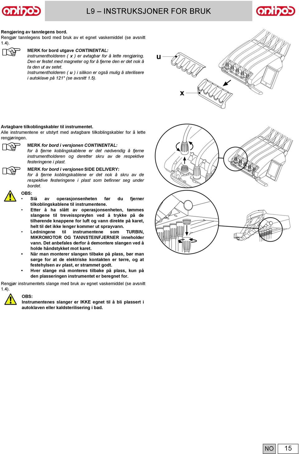 Avtagbare tilkoblingskabler til instrumentet. Alle instrumentene er utstyrt med avtagbare tilkoblingskabler for å lette rengjøringen.