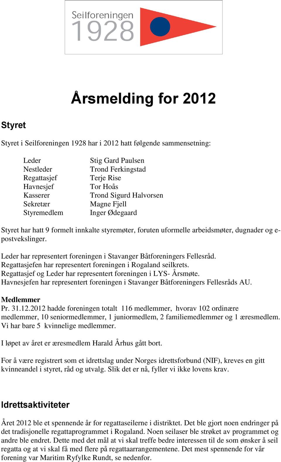 Leder har representert foreningen i Stavanger Båtforeningers Fellesråd. Regattasjefen har representert foreningen i Rogaland seilkrets. Regattasjef og Leder har representert foreningen i LYS- Årsmøte.