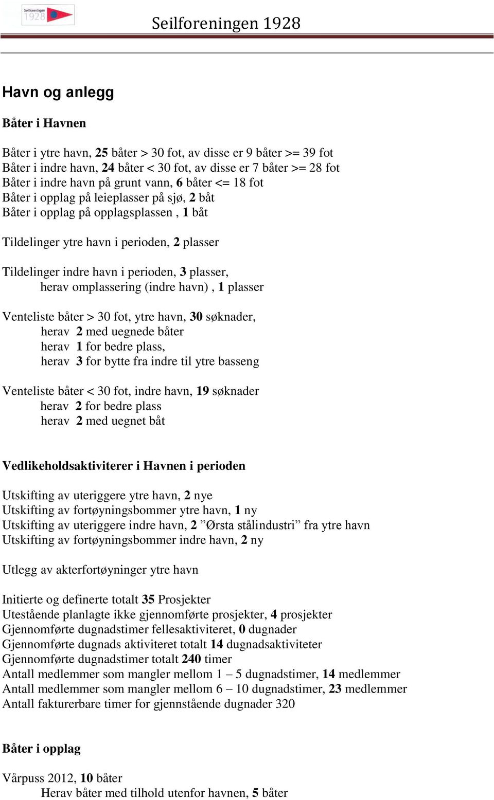 herav omplassering (indre havn), 1 plasser Venteliste båter > 30 fot, ytre havn, 30 søknader, herav 2 med uegnede båter herav 1 for bedre plass, herav 3 for bytte fra indre til ytre basseng