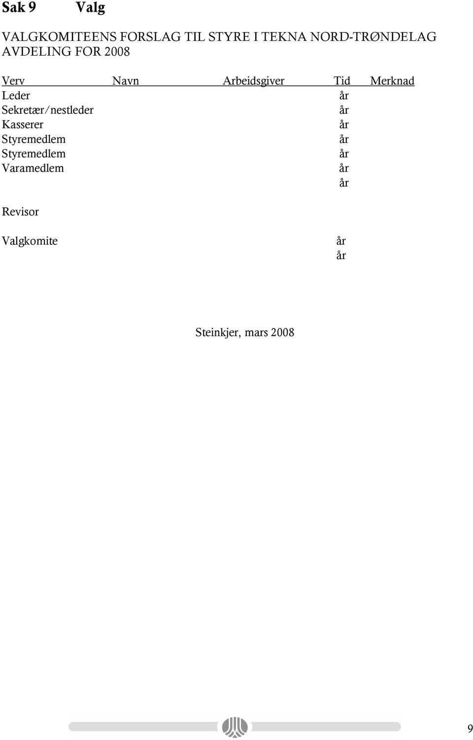 Tid Merknad Leder Sekretær/nestleder Kasserer Styremedlem