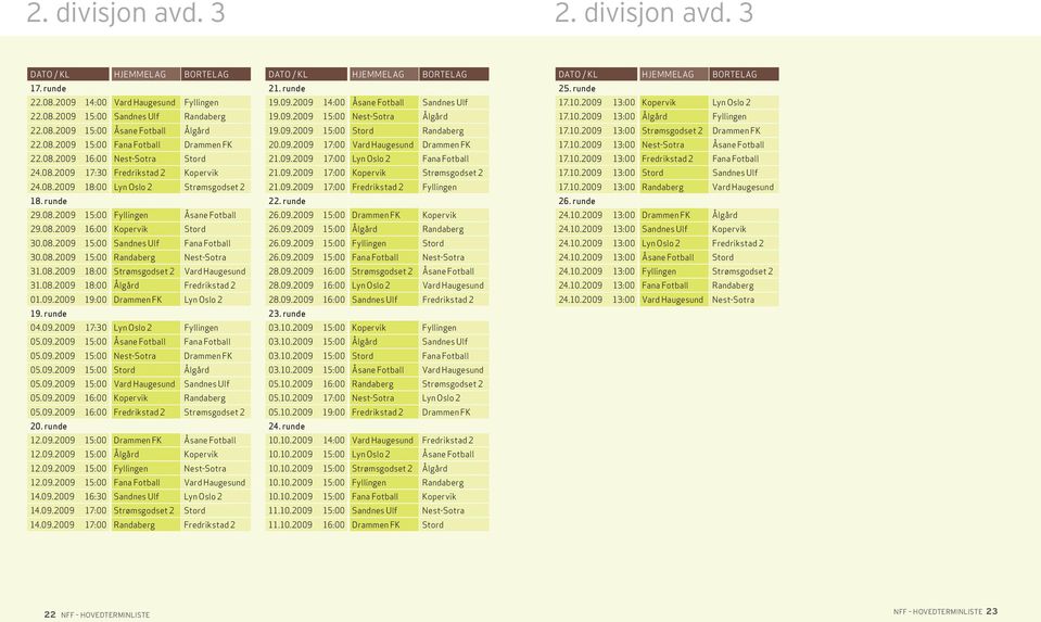 08.2009 15:00 Sandnes Ulf Fana Fotball 30.08.2009 15:00 Randaberg Nest-Sotra 31.08.2009 18:00 Strømsgodset 2 Vard Haugesund 31.08.2009 18:00 Ålgård Fredrikstad 2 01.09.2009 19:00 Drammen FK Lyn Oslo 2 19.