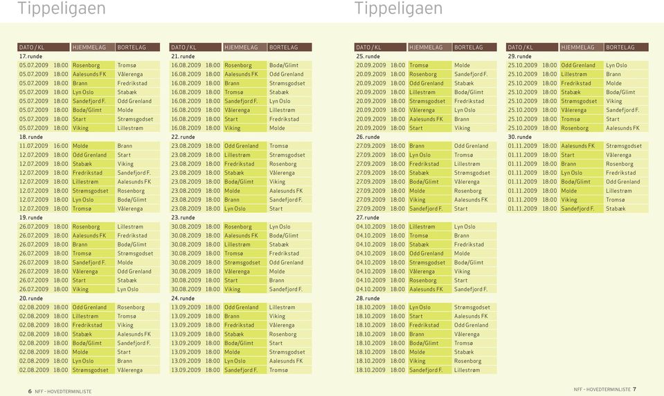 07.2009 18:00 Fredrikstad Sandefjord F. 12.07.2009 18:00 Lillestrøm Aalesunds FK 12.07.2009 18:00 Strømsgodset Rosenborg 12.07.2009 18:00 Lyn Oslo Bodø/Glimt 12.07.2009 18:00 Tromsø Vålerenga 19.