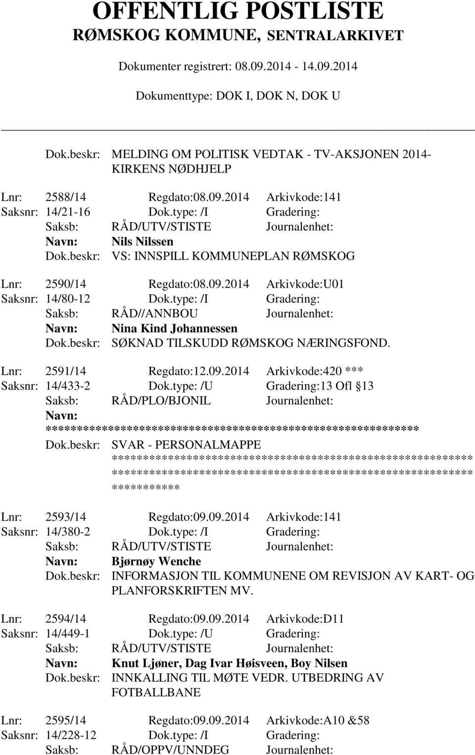 Lnr: 2591/14 Regdato:12.09.2014 Arkivkode:420 *** Saksnr: 14/433-2 Dok.type: /U Gradering:13 Ofl 13 Saksb: RÅD/PLO/BJONIL Journalenhet: ** Dok.beskr: SVAR - PERSONALMAPPE Lnr: 2593/14 Regdato:09.09.2014 Arkivkode:141 Saksnr: 14/380-2 Dok.