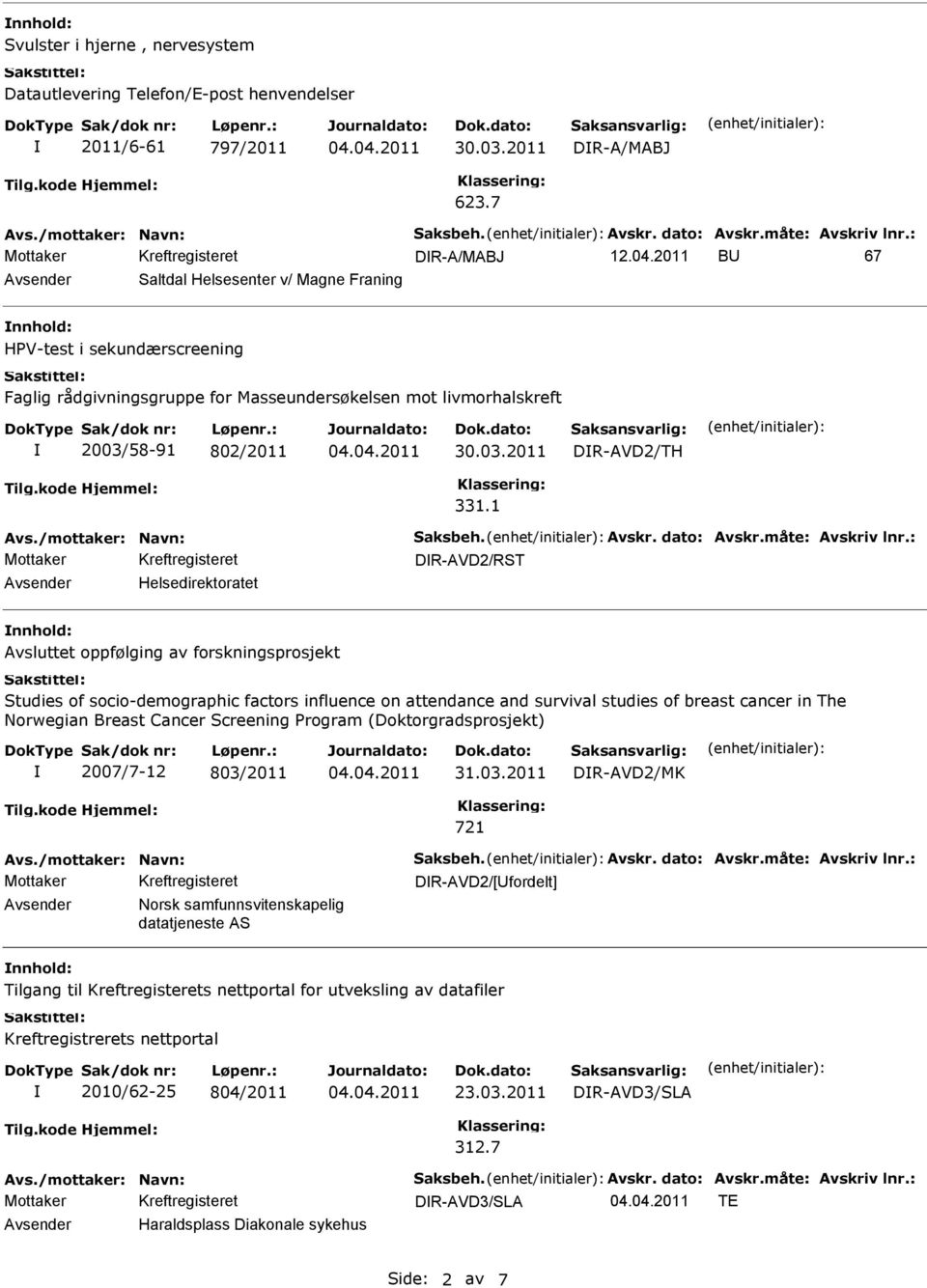 1 DR-AVD2/RST Helsedirektoratet Avsluttet oppfølging av forskningsprosjekt Studies of socio-demographic factors influence on attendance and survival studies of breast cancer in The Norwegian Breast