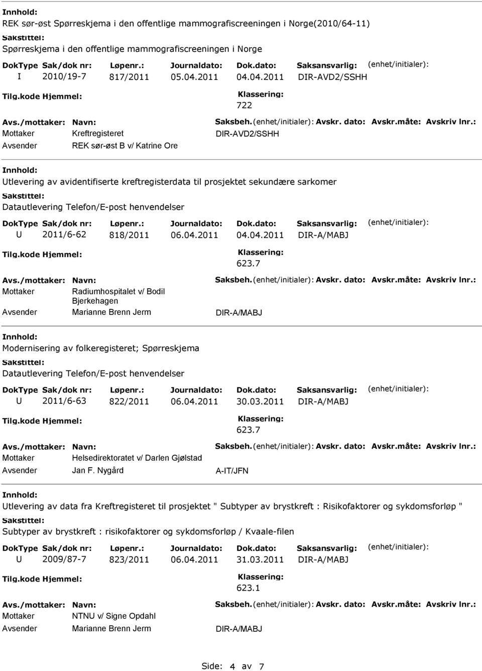 Jerm DR-A/MABJ Modernisering av folkeregisteret; Spørreskjema 2011/6-63 822/2011 DR-A/MABJ Mottaker Helsedirektoratet v/ Darlen Gjølstad Jan F.