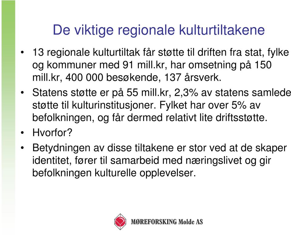 kr, 2,3% av statens samlede støtte til kulturinstitusjoner.