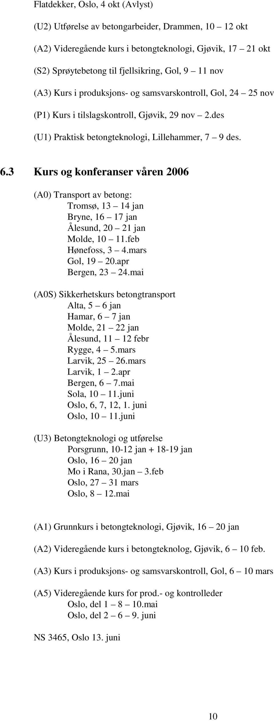 3 Kurs og konferanser våren 2006 (A0) Transport av betong: Tromsø, 13 14 jan Bryne, 16 17 jan Ålesund, 20 21 jan Molde, 10 11.feb Hønefoss, 3 4.mars Gol, 19 20.apr Bergen, 23 24.
