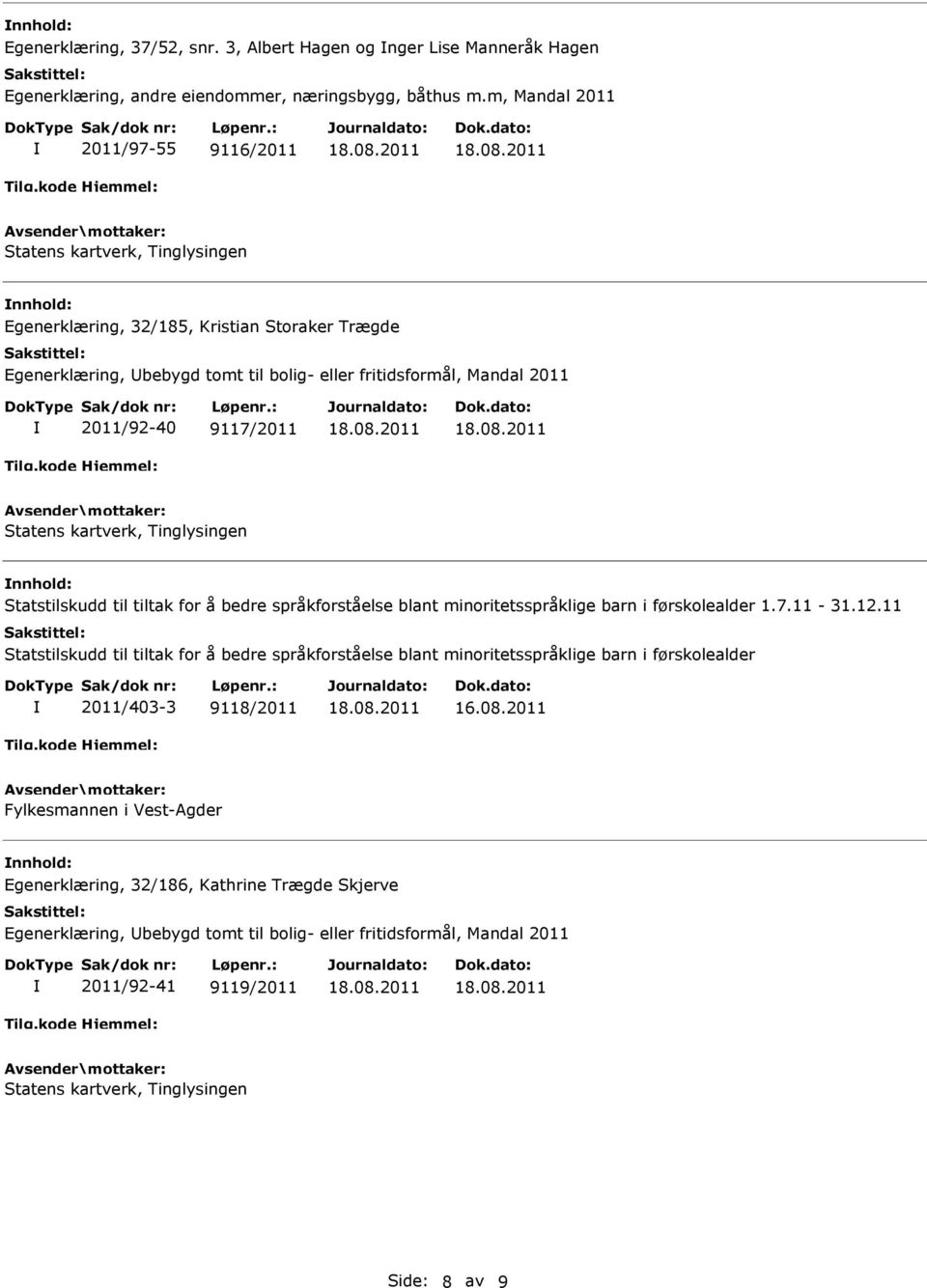 fritidsformål, Mandal 2011 2011/92-40 9117/2011 nnhold: Statstilskudd til tiltak for å bedre språkforståelse blant minoritetsspråklige barn i førskolealder 1.7.11-31.12.