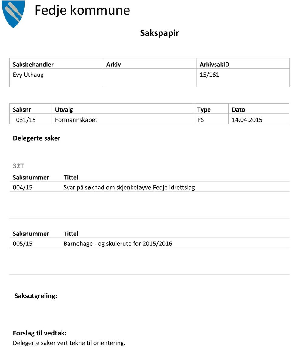 2015 Delegerte saker 32T Saksnummer Tittel 004/15 Svar på søknad om skjenkeløyve Fedje