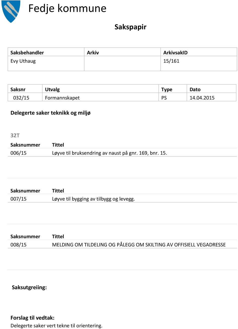 169, bnr. 15. Saksnummer Tittel 007/15 Løyve til bygging av tilbygg og levegg.