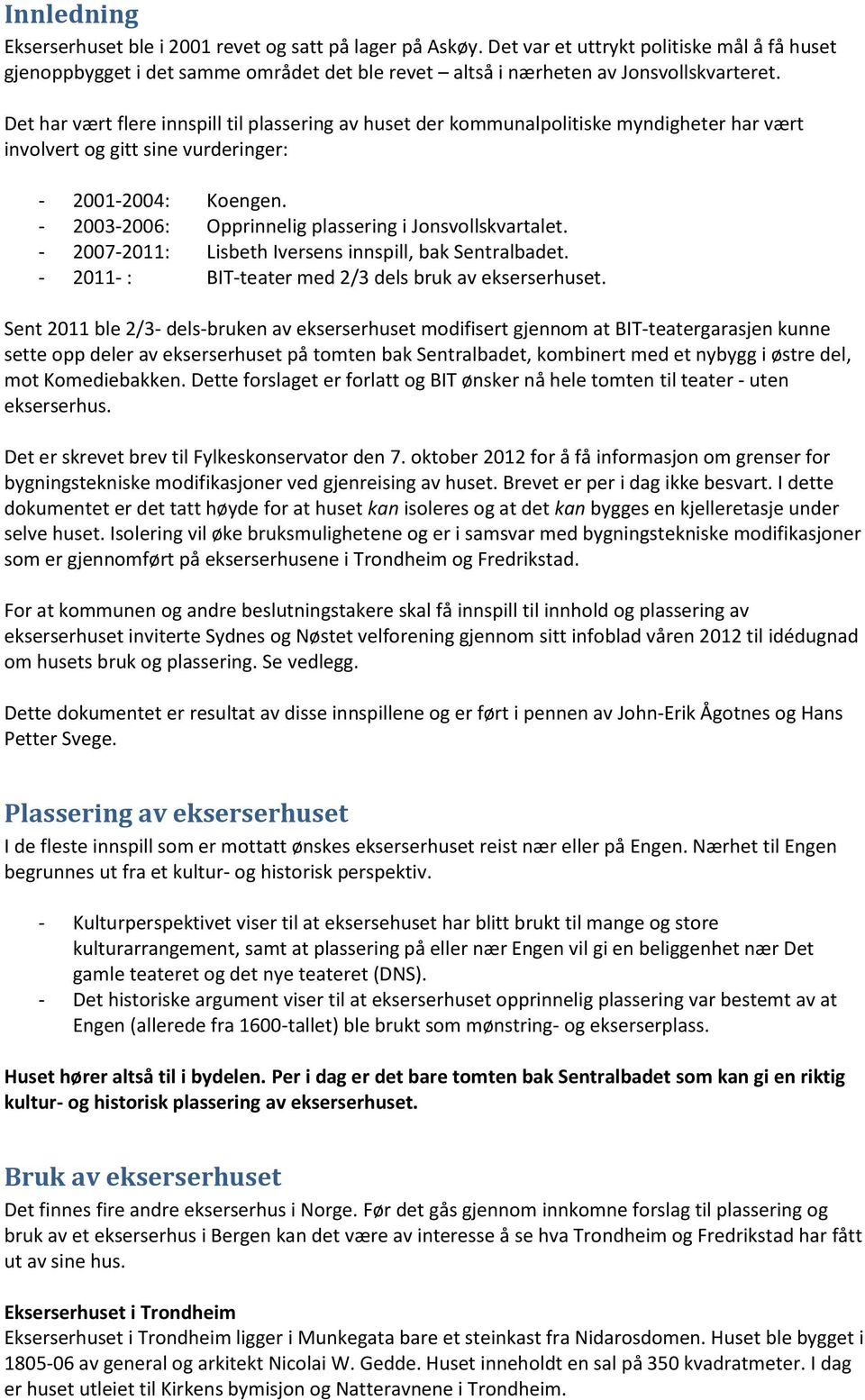 - 2003-2006: Opprinnelig plassering i Jonsvollskvartalet. - 2007-2011: Lisbeth Iversens innspill, bak Sentralbadet. - 2011- : BIT-teater med 2/3 dels bruk av ekserserhuset.