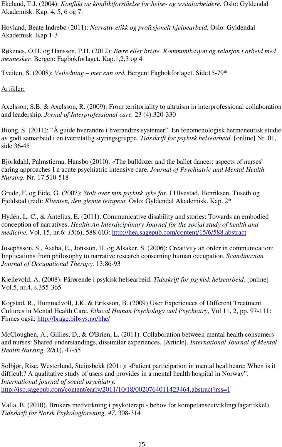 Kommunikasjon og relasjon i arbeid med mennesker. Bergen: Fagbokforlaget. Kap.1,2,3 og 4 Tveiten, S. (2008): Veiledning mer enn ord. Bergen: Fagbokforlaget. Side15-79* Artikler: Axelsson, S.B. & Axelsson, R.