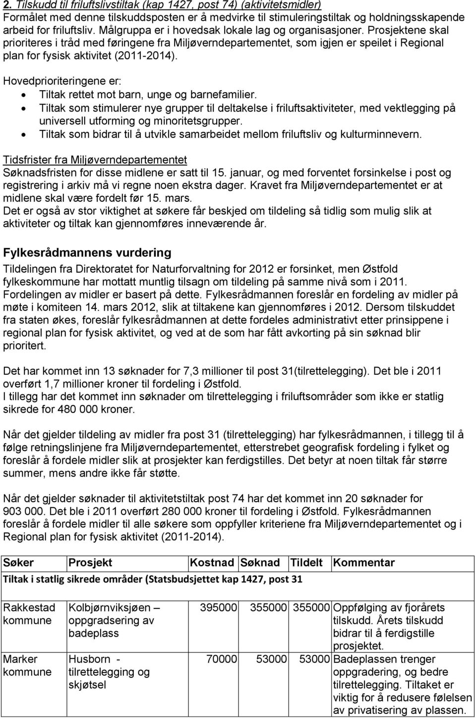 Prosjektene skal prioriteres i tråd med føringene fra Miljøverndepartementet, som igjen er speilet i Regional plan for fysisk aktivitet (2011-2014).