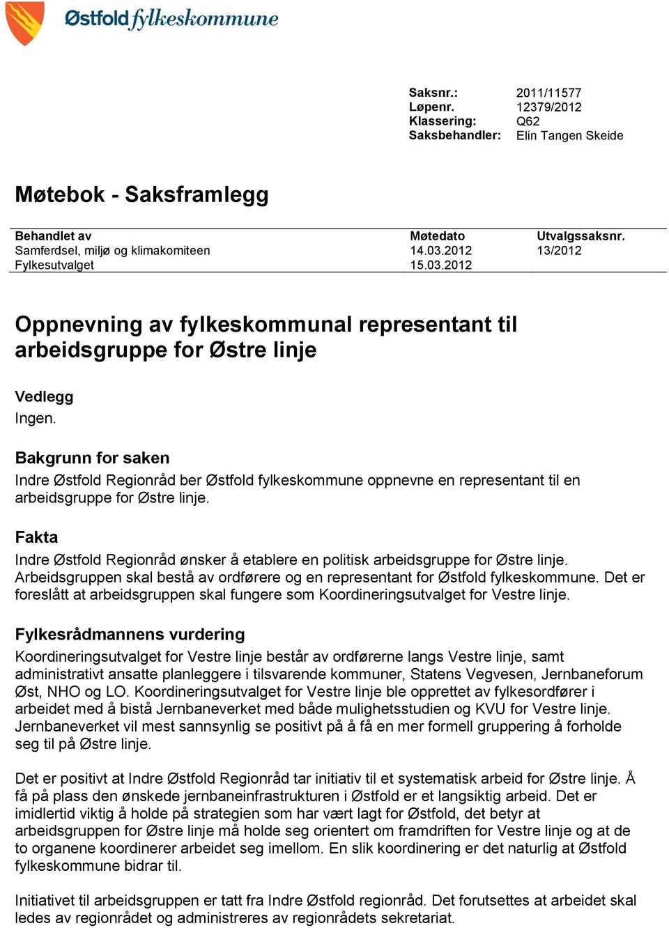 Bakgrunn for saken Indre Østfold Regionråd ber Østfold fylkeskommune oppnevne en representant til en arbeidsgruppe for Østre linje.