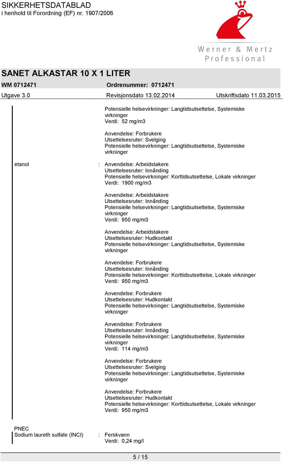 Innånding Potensielle helse: Korttidsutsettelse, Lokale Verdi: 950 mg/m3 Utsettelsesruter: Hudkontakt Utsettelsesruter: Innånding Verdi: 114 mg/m3