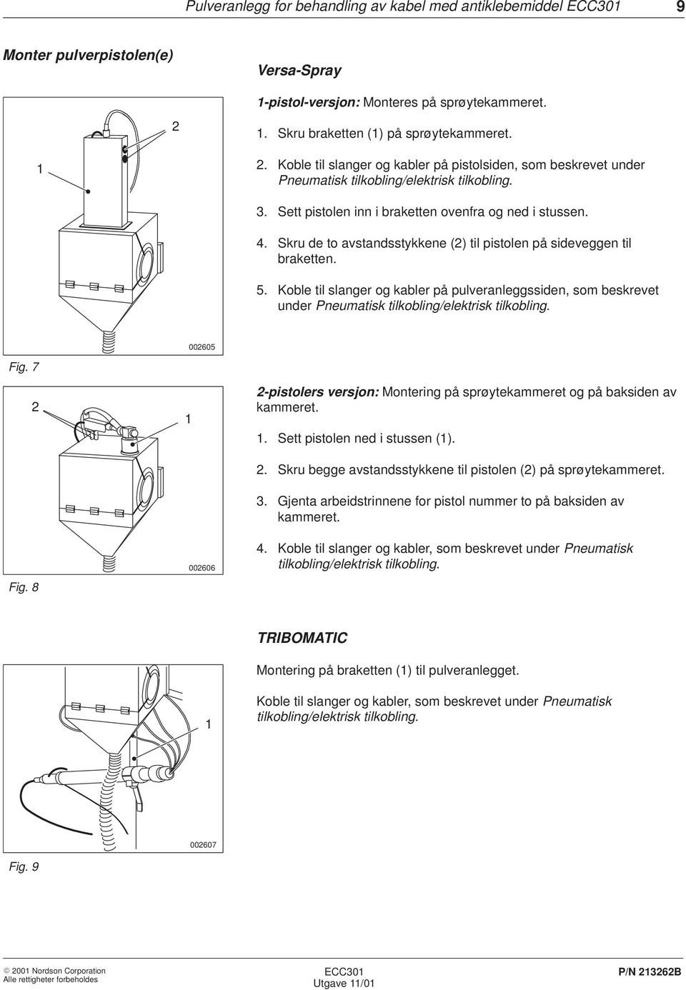 Koble til slanger og kabler på pulveranleggssiden, som beskrevet under Pneumatisk tilkobling/elektrisk tilkobling. 002605 Fig.