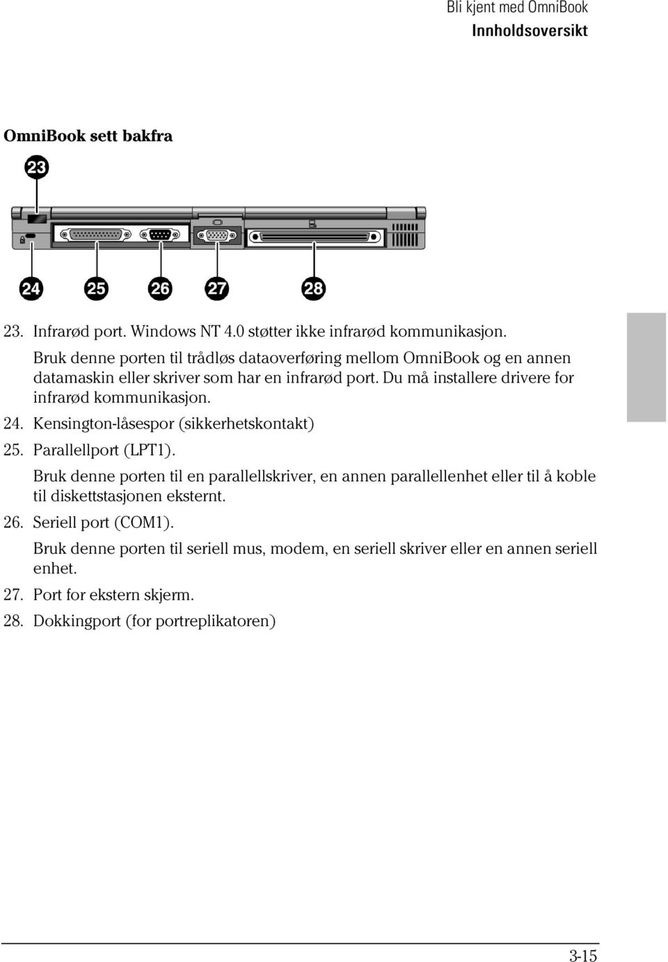 Du må installere drivere for infrarød kommunikasjon. 24. Kensington-låsespor (sikkerhetskontakt) 25. Parallellport (LPT1).