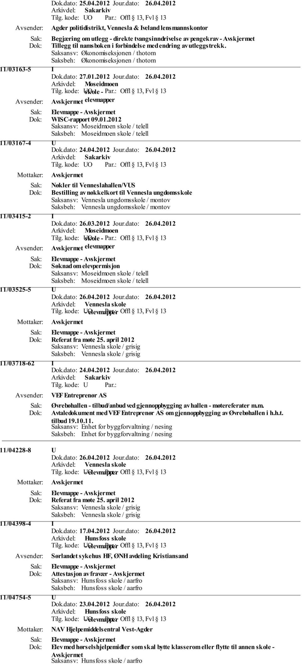 2012 Jour.dato: 26.04.2012 elevmapper WISC-rapport 09.01.2012 11/03167-4 U Nøkler til Venneslahallen/VUS Bestilling av nøkkelkort til Vennesla ungdomsskole Saksansv: Vennesla ungdomsskole / montov