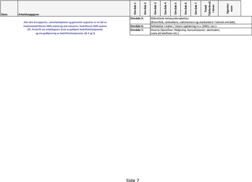 medlemsbedriftenes HMS-arbeid og skal arkiveres i bedriftenes HMS-system. Område 6: Deltakelse i møter / intern opplæring m.v. (AMU, osv.) (Jfr.