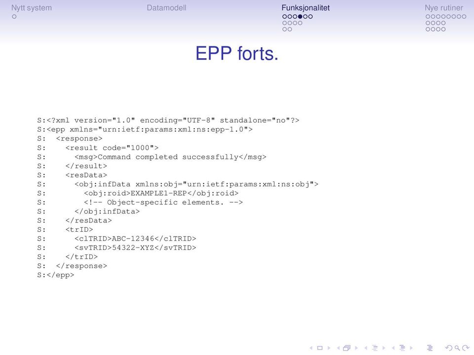 <obj:infdata xmlns:obj="urn:ietf:params:xml:ns:obj"> S: <obj:roid>example1-rep</obj:roid> S: <!-- Object-specific elements.