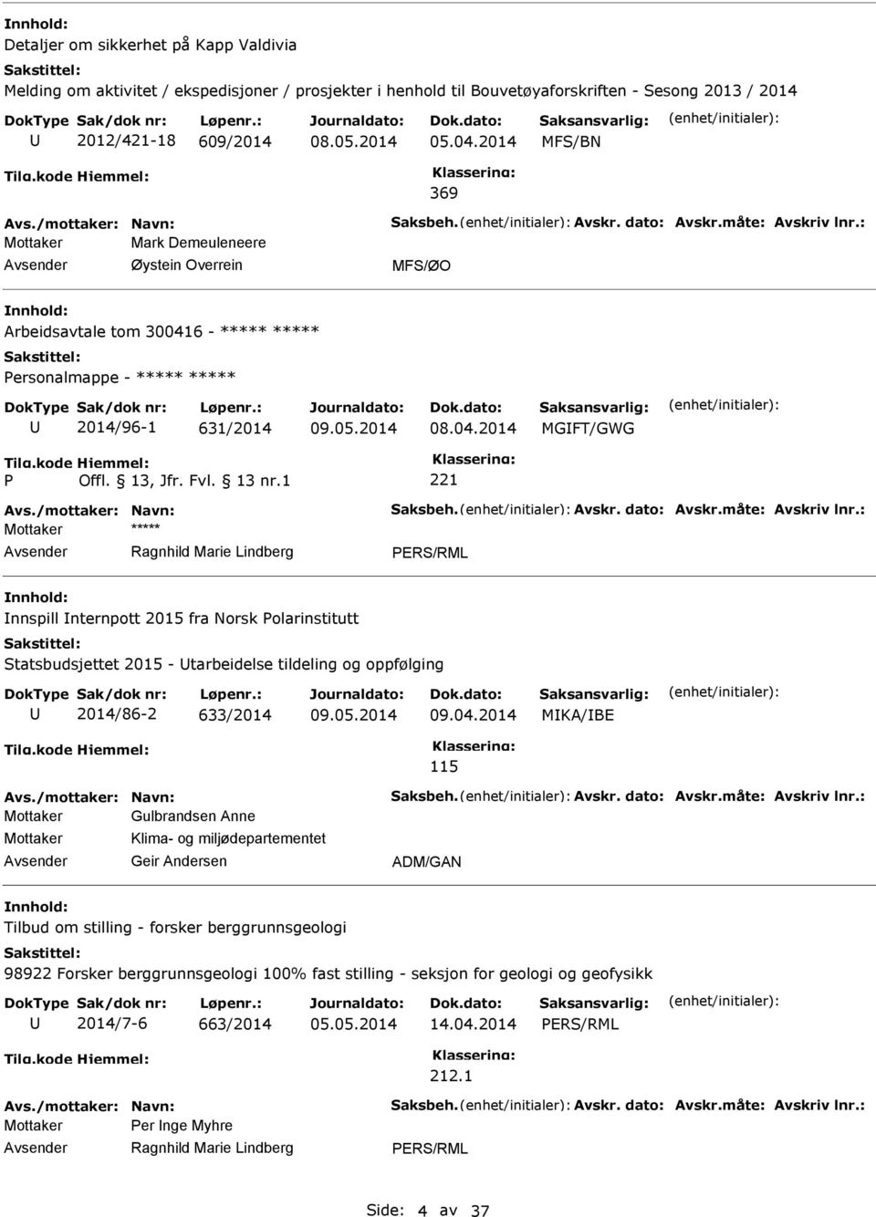 : Mottaker Mark Demeuleneere Øystein Overrein MFS/ØO Arbeidsavtale tom 300416 - ***** ***** ersonalmappe - ***** ***** 2014/96-1 631/2014 09.05.2014 08.04.2014 MGFT/GWG Avs.