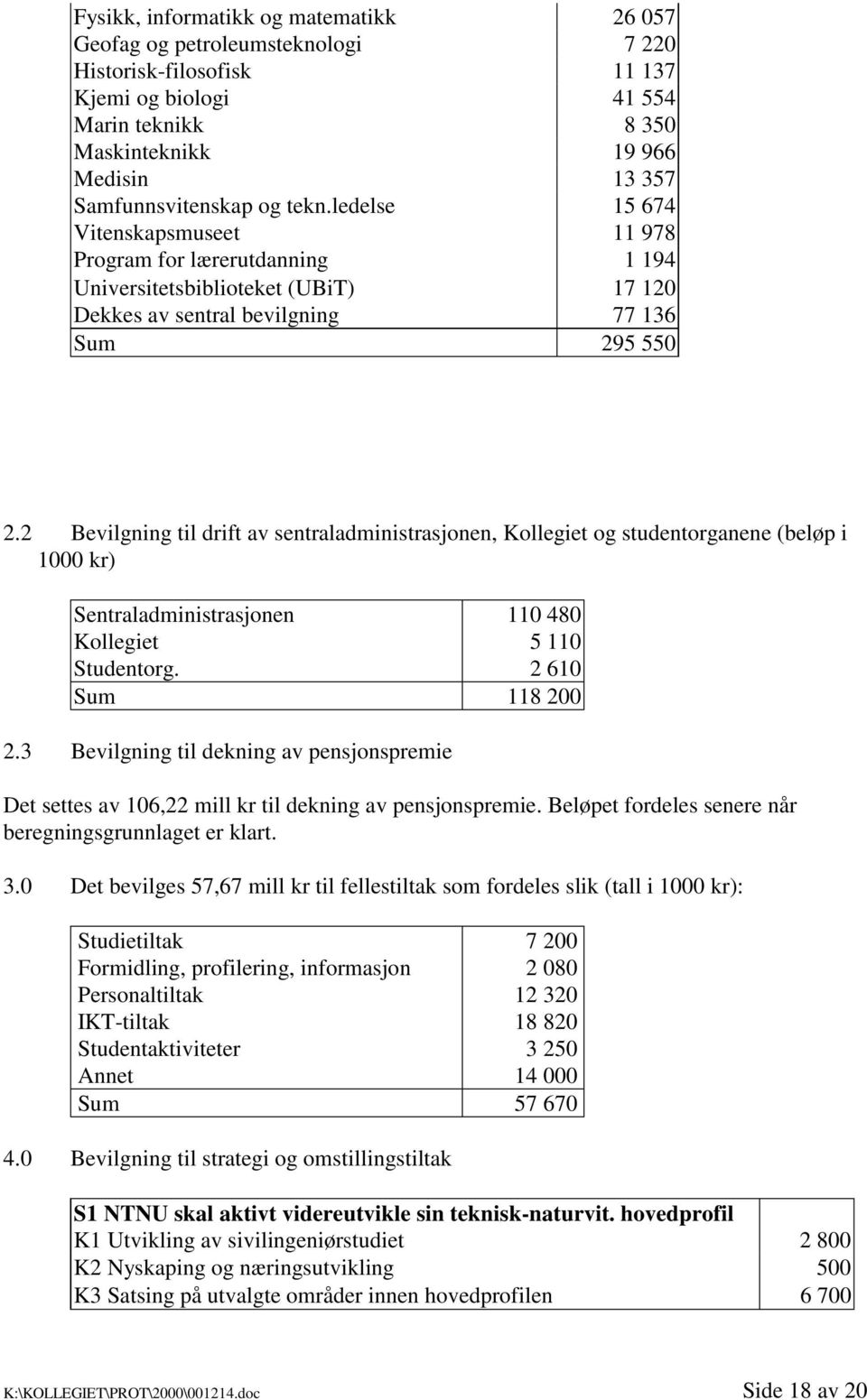 2 Bevilgning til drift av sentraladministrasjonen, Kollegiet og studentorganene (beløp i 1000 kr) Sentraladministrasjonen 110 480 Kollegiet 5 110 Studentorg. 2 610 Sum 118 200 2.