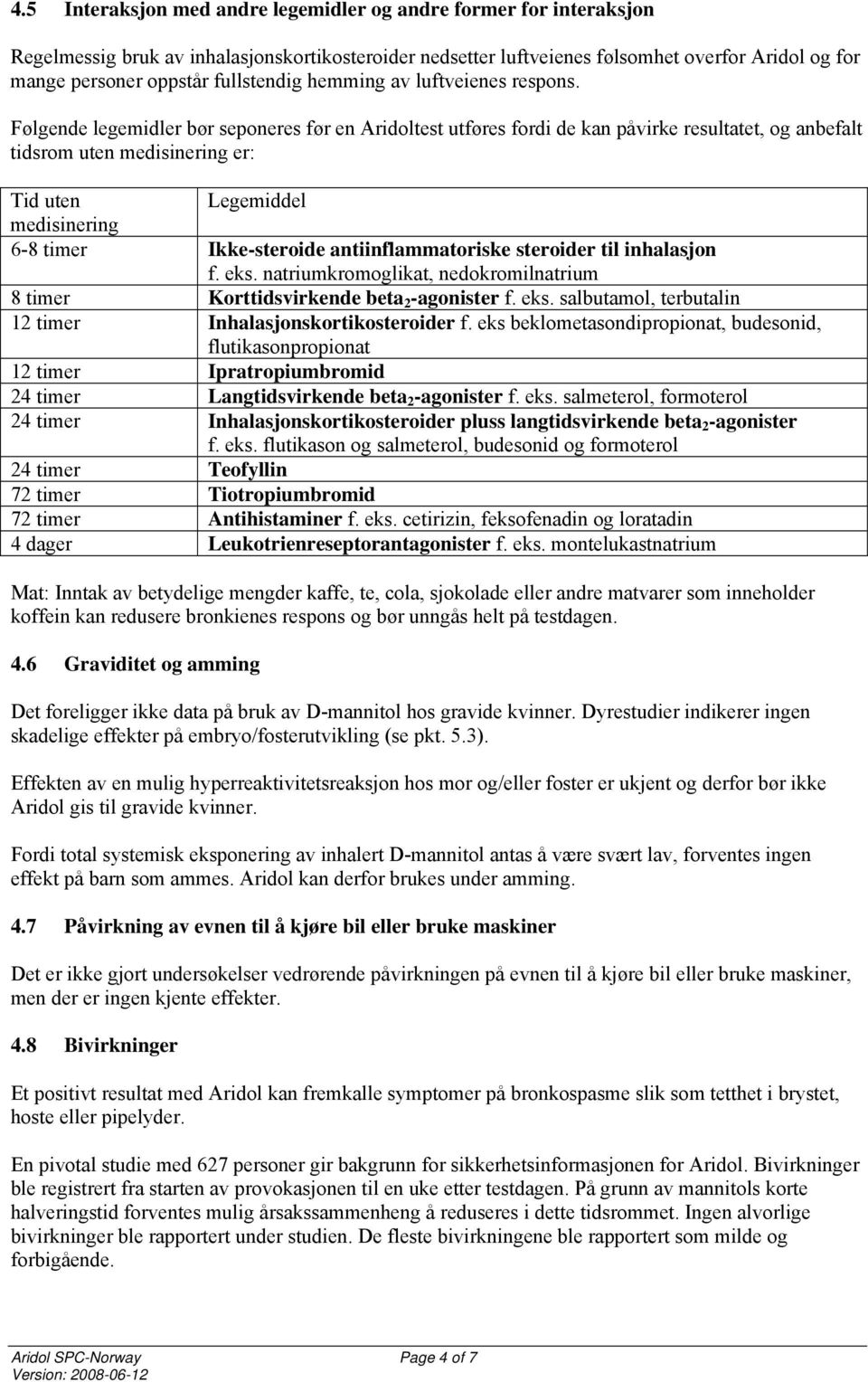 Følgende legemidler bør seponeres før en Aridoltest utføres fordi de kan påvirke resultatet, og anbefalt tidsrom uten medisinering er: Tid uten Legemiddel medisinering 6-8 timer Ikke-steroide