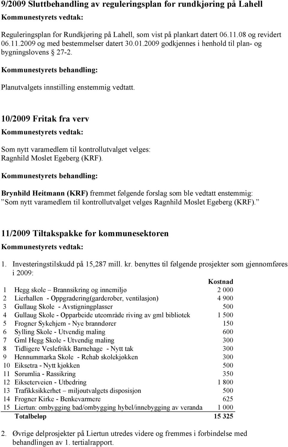 10/2009 Fritak fra verv Som nytt varamedlem til kontrollutvalget velges: Ragnhild Moslet Egeberg (KRF).