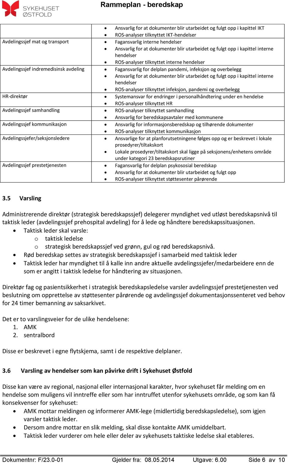 Ansvarlig for at dokumenter blir utarbeidet og fulgt opp i kapittel interne hendelser ROS-analyser tilknyttet infeksjon, pandemi og overbelegg HR-direktør Systemansvar for endringer i