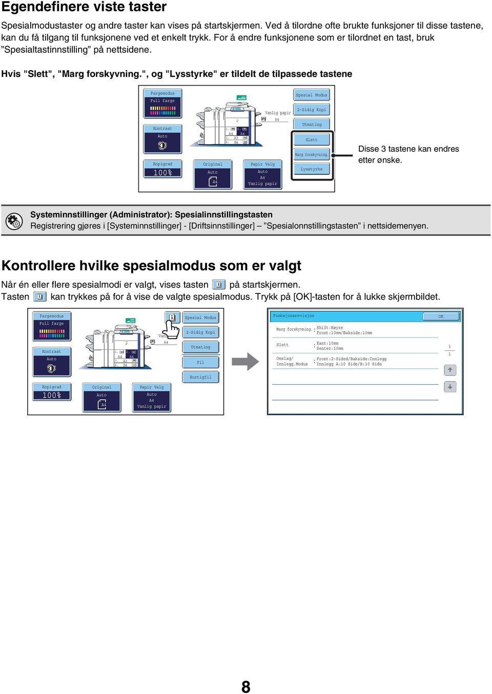 ", og "Lysstyrke" er tildelt de tilpassede tastene Fargemodus Full farge Spesial Modus Kontrast Kopigrad 00% Original.. 3. A3 4.