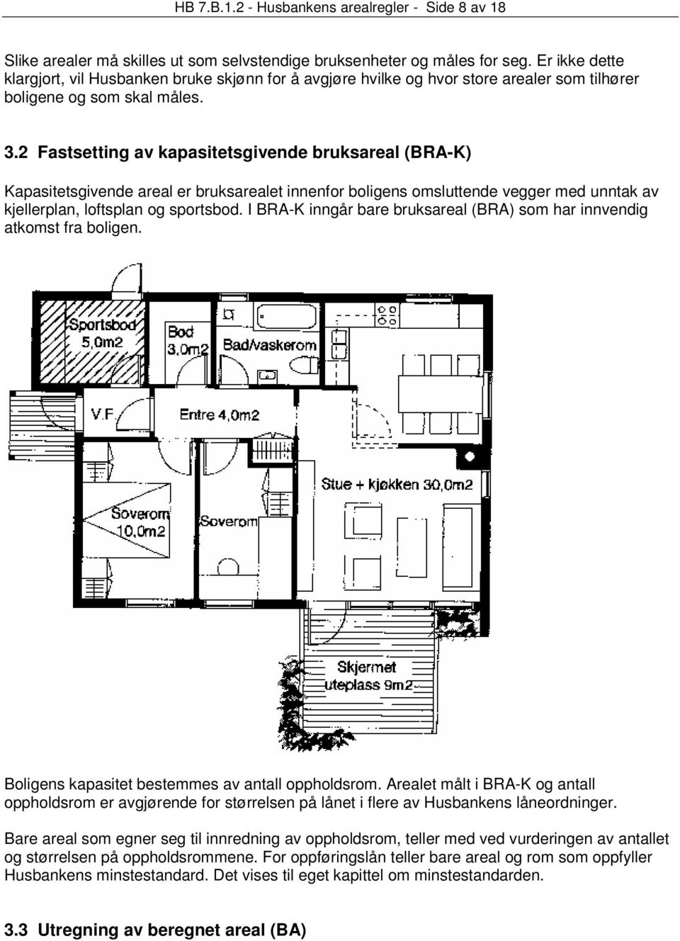 2 Fastsetting av kapasitetsgivende bruksareal (BRA-K) Kapasitetsgivende areal er bruksarealet innenfor boligens omsluttende vegger med unntak av kjellerplan, loftsplan og sportsbod.