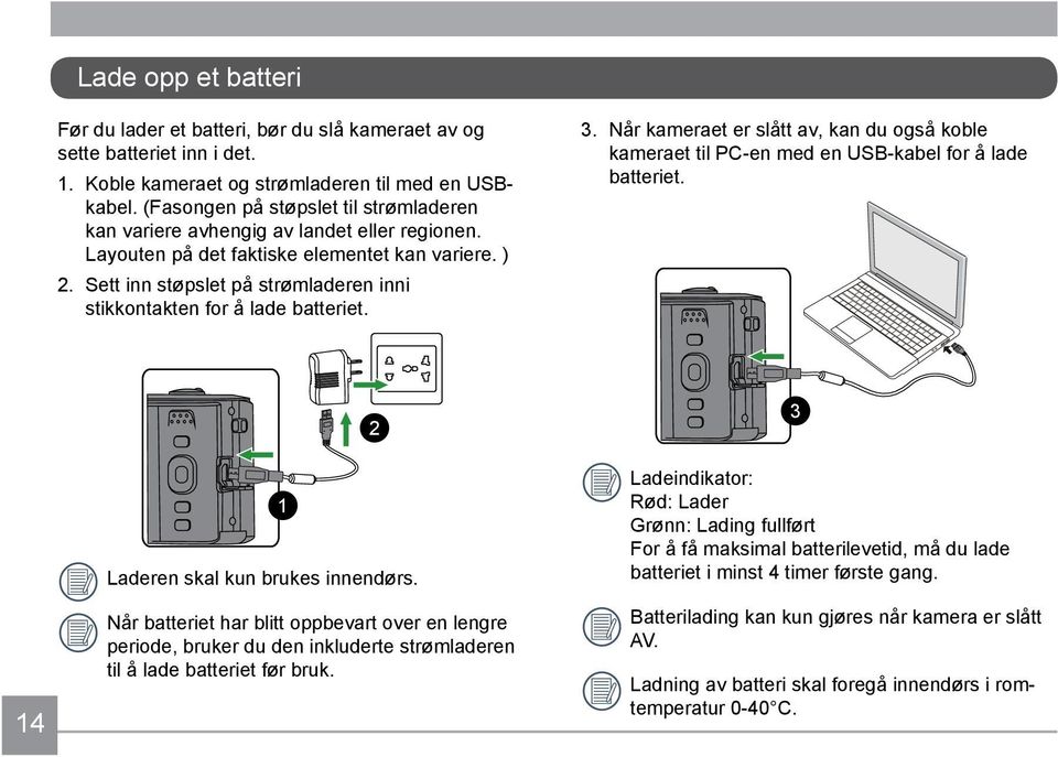 Sett inn støpslet på strømladeren inni stikkontakten for å lade batteriet. 3. Når kameraet er slått av, kan du også koble kameraet til PC-en med en USB-kabel for å lade batteriet.