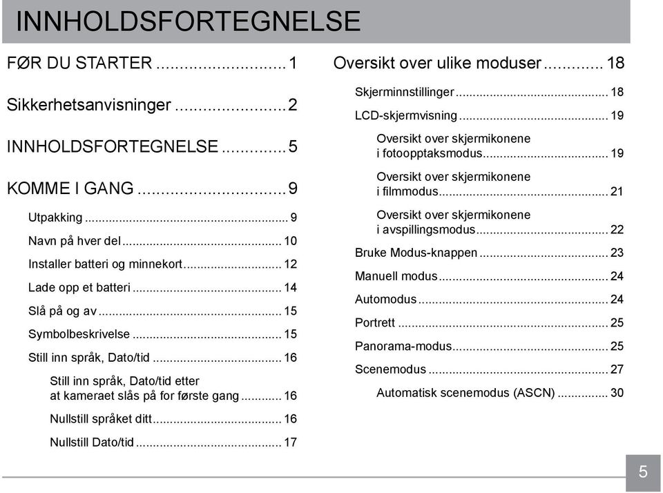 .. 16 Nullstill Dato/tid... 17 Oversikt over ulike moduser...18 Skjerminnstillinger... 18 LCD-skjermvisning... 19 Oversikt over skjermikonene i fotoopptaksmodus.