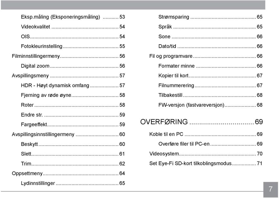 .. 62 Oppsettmeny... 64 Lydinnstillinger... 65 Strømsparing... 65 Språk... 65 Sone... 66 Dato/tid... 66 Fil og programvare... 66 Formater minne... 66 Kopier til kort.