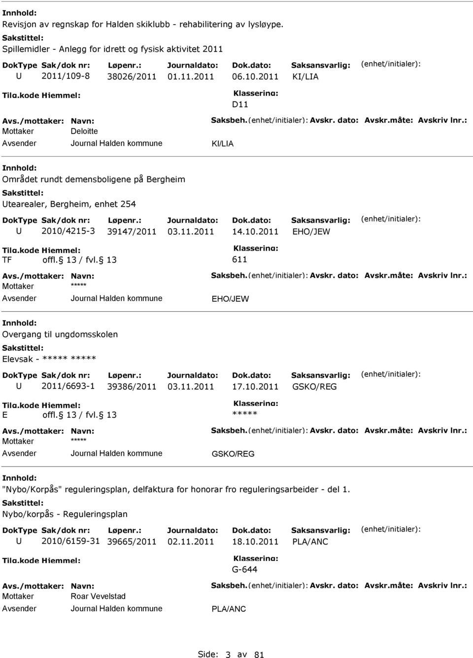 /mottaker: Navn: Saksbeh. Avskr. dato: Avskr.måte: Avskriv lnr.: HO/JW Overgang til ungdomsskolen levsak - 2011/6693-1 39386/2011 17.10.2011 GSKO/RG Avs./mottaker: Navn: Saksbeh. Avskr. dato: Avskr.måte: Avskriv lnr.: GSKO/RG "Nybo/Korpås" reguleringsplan, delfaktura for honorar fro reguleringsarbeider - del 1.