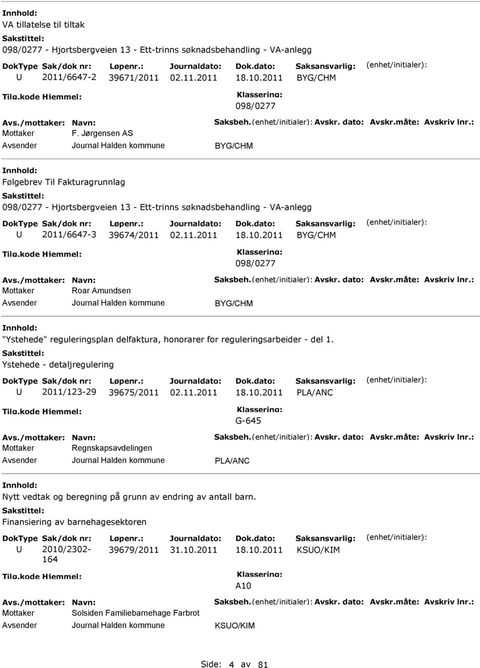 /mottaker: Navn: Saksbeh. Avskr. dato: Avskr.måte: Avskriv lnr.: Roar Amundsen "Ystehede" reguleringsplan delfaktura, honorarer for reguleringsarbeider - del 1.