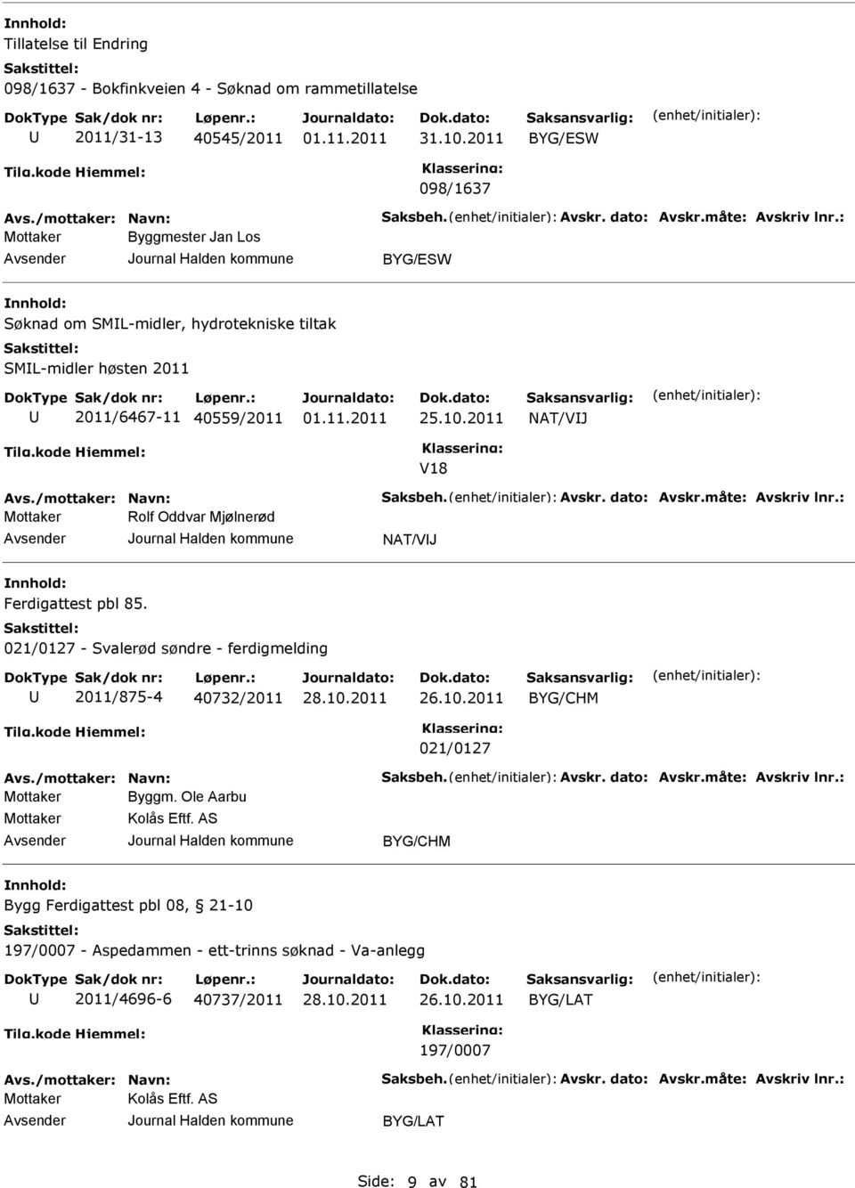 måte: Avskriv lnr.: Rolf Oddvar Mjølnerød NAT/VIJ Ferdigattest pbl 85. 021/0127 - Svalerød søndre - ferdigmelding 2011/875-4 40732/2011 26.10.2011 021/0127 Avs./mottaker: Navn: Saksbeh. Avskr. dato: Avskr.