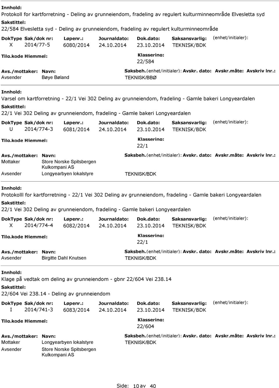 : vsender Bøye Bøland TEKNSK/BBØ Varsel om kartforretning - 22/1 Vei 302 Deling av grunneiendom, fradeling - Gamle bakeri Longyeardalen 22/1 Vei 302 Deling av grunneiendom, fradeling - Gamle bakeri